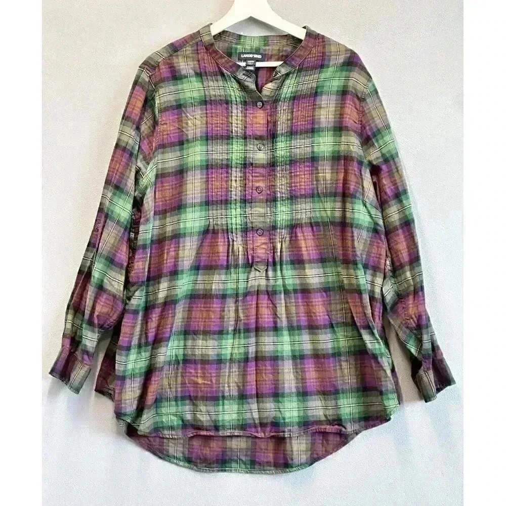 Lands End Flannel Women's Sz 22W Green‎ Purple Plaid Mandarin Collar Popover Top